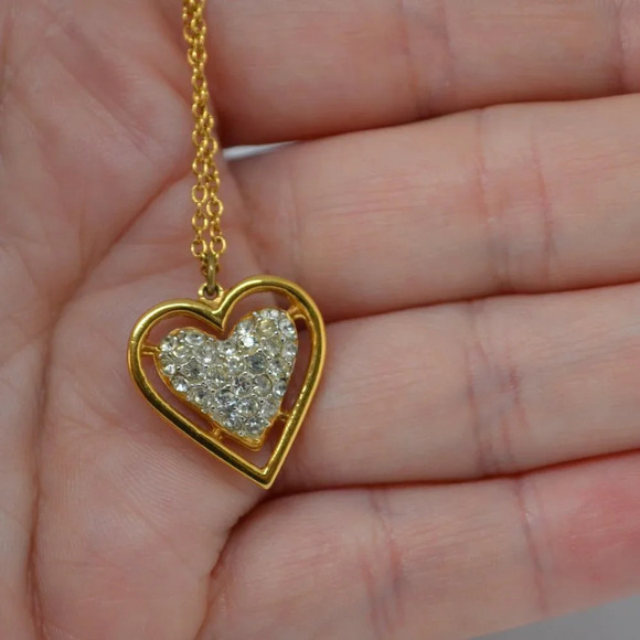 D'Orlan Heart Pendant on 15" Gold Tone  Chain with Crystals - Picture 6 of 8